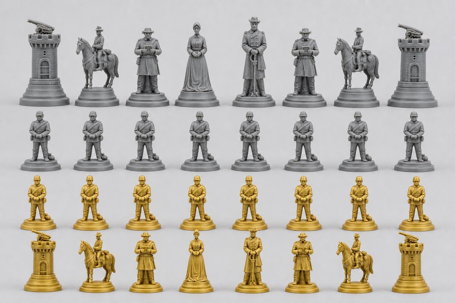 Südstaaten-Schachfigurenset – Amerikanischer Bürgerkrieg – komplettes 32-teiliges, 3D-gedrucktes PLA-Schachset | Made in Germany FehnFactory