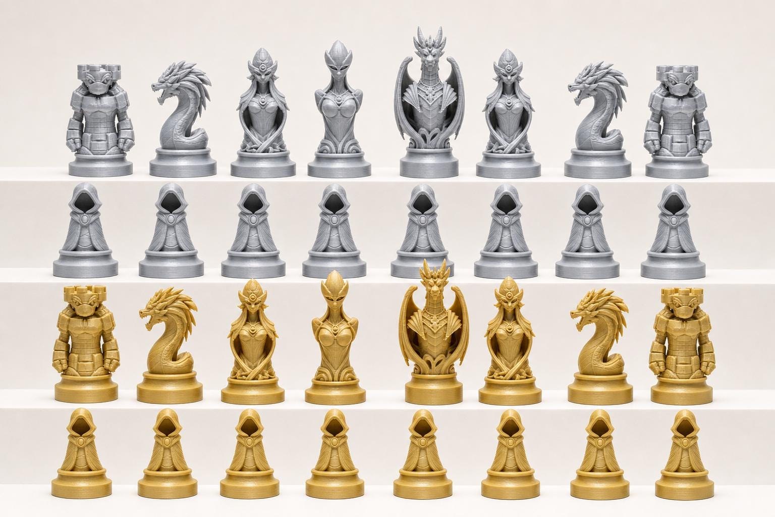 Fantasy-Schachfigurenset – komplettes 32-teiliges, 3D-gedrucktes PLA-Schachset | Geschenk für Schachfans | Sammlerstück | Made in Germany FehnFactory