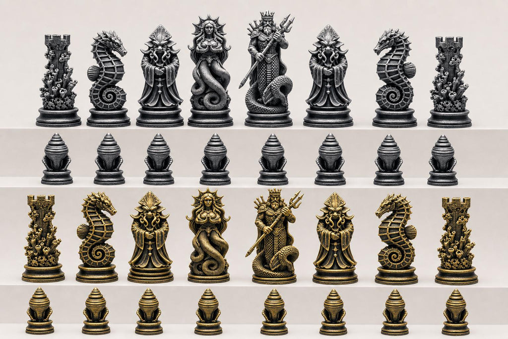 Tiefsee-Schachfigurenset – komplettes 32-teiliges, 3D-gedrucktes PLA-Schachset | Geschenk für Schachfans | Sammlerstück | Made in Germany FehnFactory