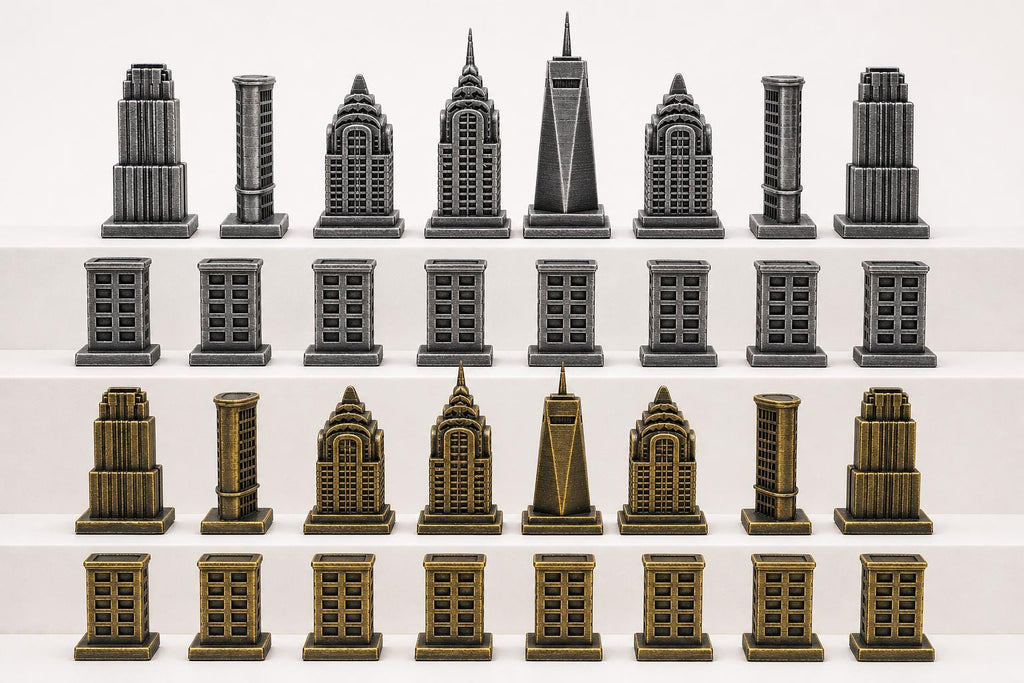 New-Yorker-Architektur-Schachfigurenset – komplettes 32-teiliges, 3D-gedrucktes PLA-Schachset | Geschenk für Schachfans | Made in Germany FehnFactory