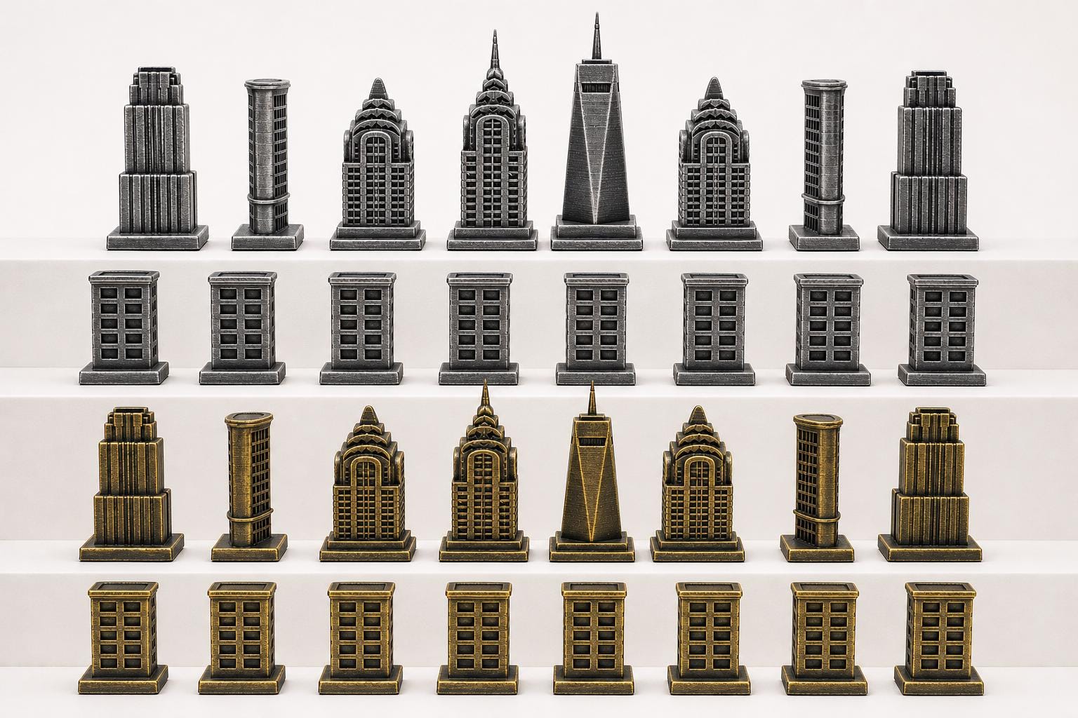 New-Yorker-Architektur-Schachfigurenset – komplettes 32-teiliges, 3D-gedrucktes PLA-Schachset | Geschenk für Schachfans | Made in Germany FehnFactory