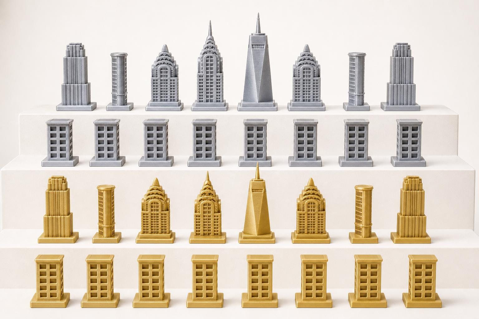 New-Yorker-Architektur-Schachfigurenset – komplettes 32-teiliges, 3D-gedrucktes PLA-Schachset | Geschenk für Schachfans | Made in Germany FehnFactory