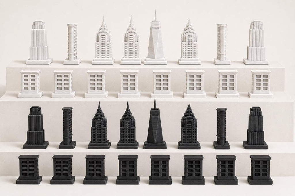 New-Yorker-Architektur-Schachfigurenset – komplettes 32-teiliges, 3D-gedrucktes PLA-Schachset | Geschenk für Schachfans | Made in Germany FehnFactory