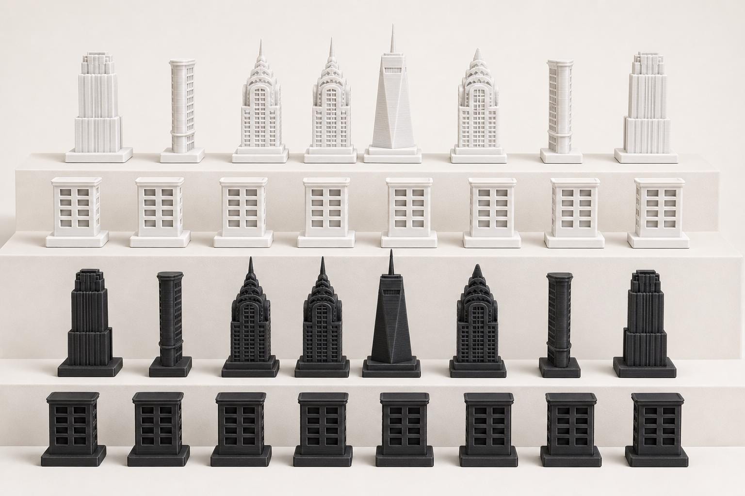 New-Yorker-Architektur-Schachfigurenset – komplettes 32-teiliges, 3D-gedrucktes PLA-Schachset | Geschenk für Schachfans | Made in Germany FehnFactory
