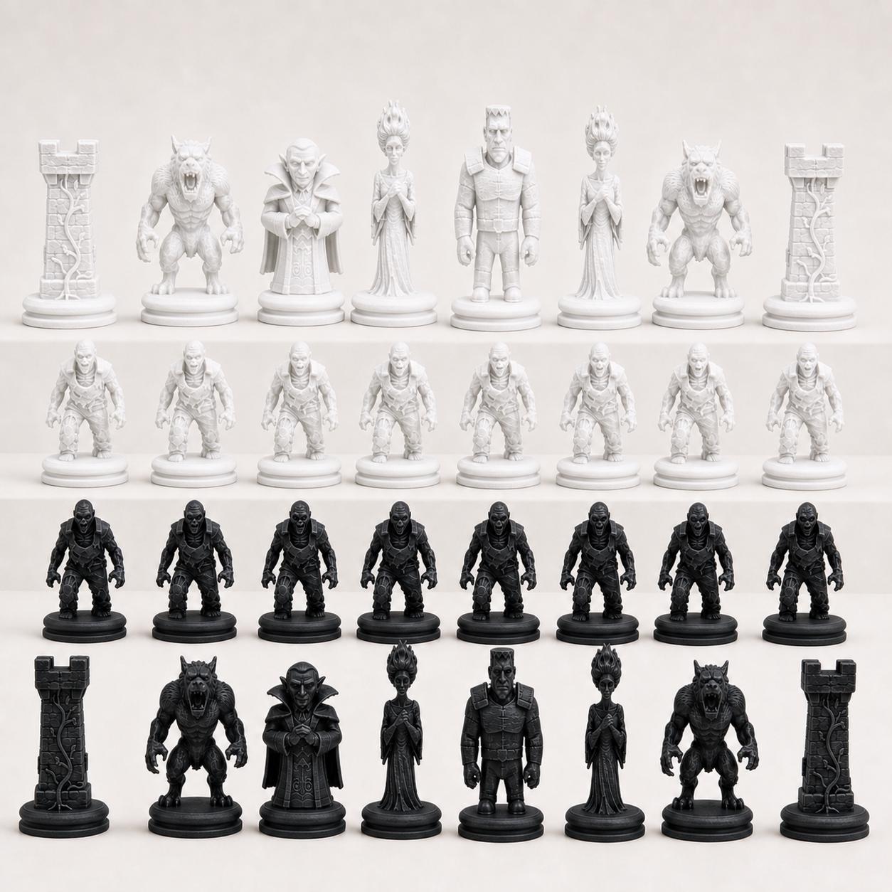 Monster-Schachfigurenset – komplettes 32-teiliges, 3D-gedrucktes PLA-Schachset | Geschenk für Schachfans | Sammlerstück | Made in Germany