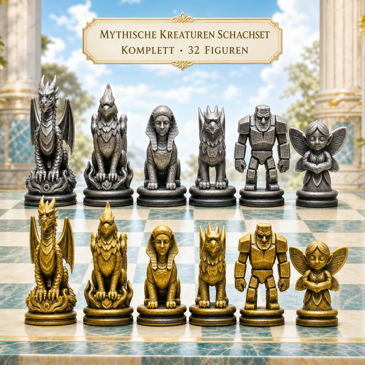 Mythische-Kreaturen-Schachfigurenset – komplettes 32-teiliges, 3D-gedrucktes PLA-Schachset | Geschenk für Schachfans | Made in Germany