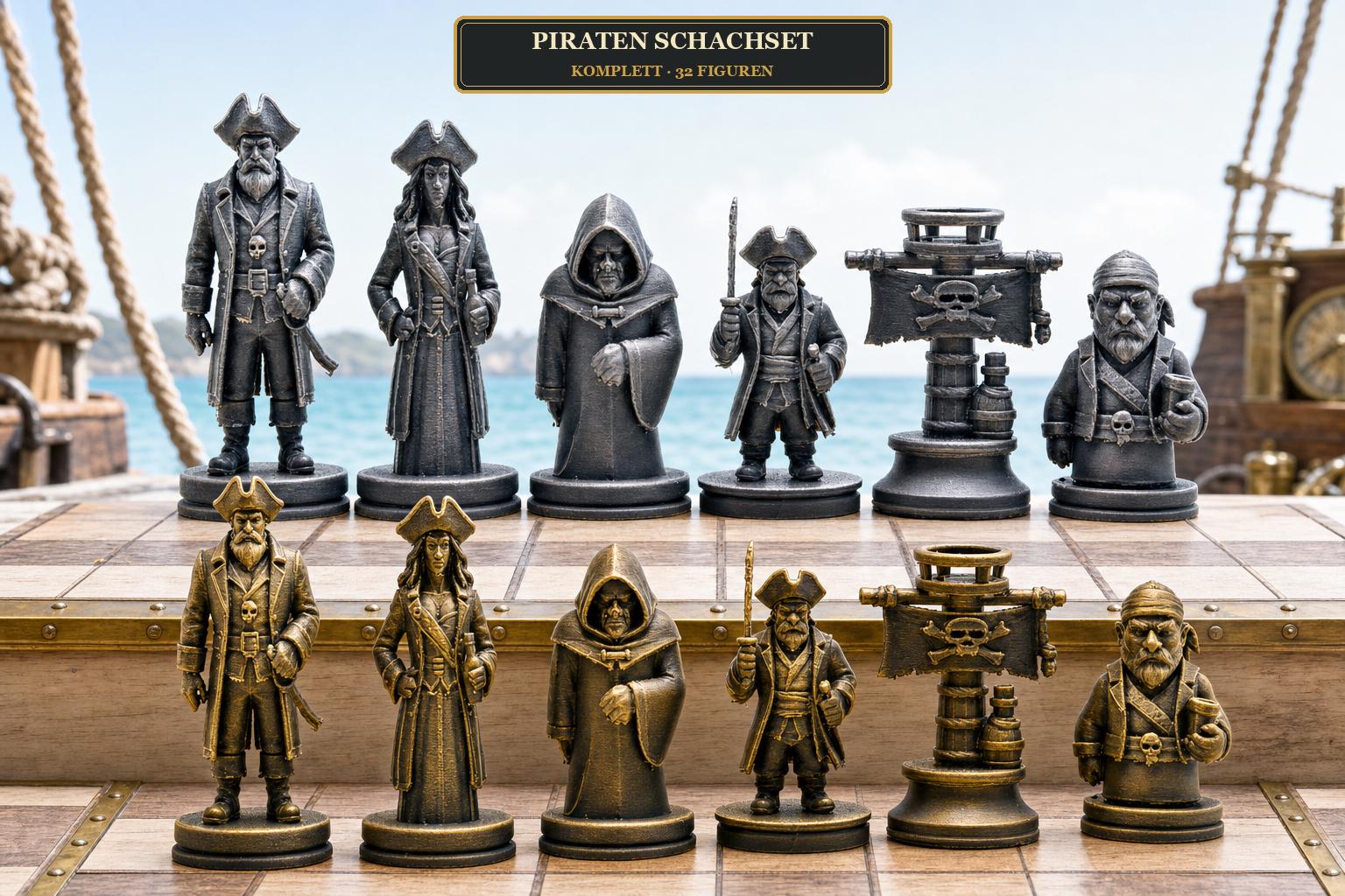Piraten-Schachfigurenset – komplettes 32-teiliges, 3D-gedrucktes PLA-Schachset | Geschenk für Schachfans | Sammlerstück | Made in Germany