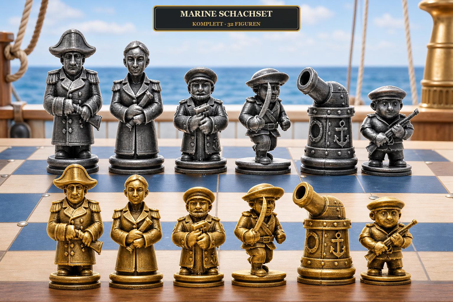 Marine-Schachfigurenset – komplettes 32-teiliges, 3D-gedrucktes PLA-Schachset | Geschenk für Schachfans | Sammlerstück | Made in Germany