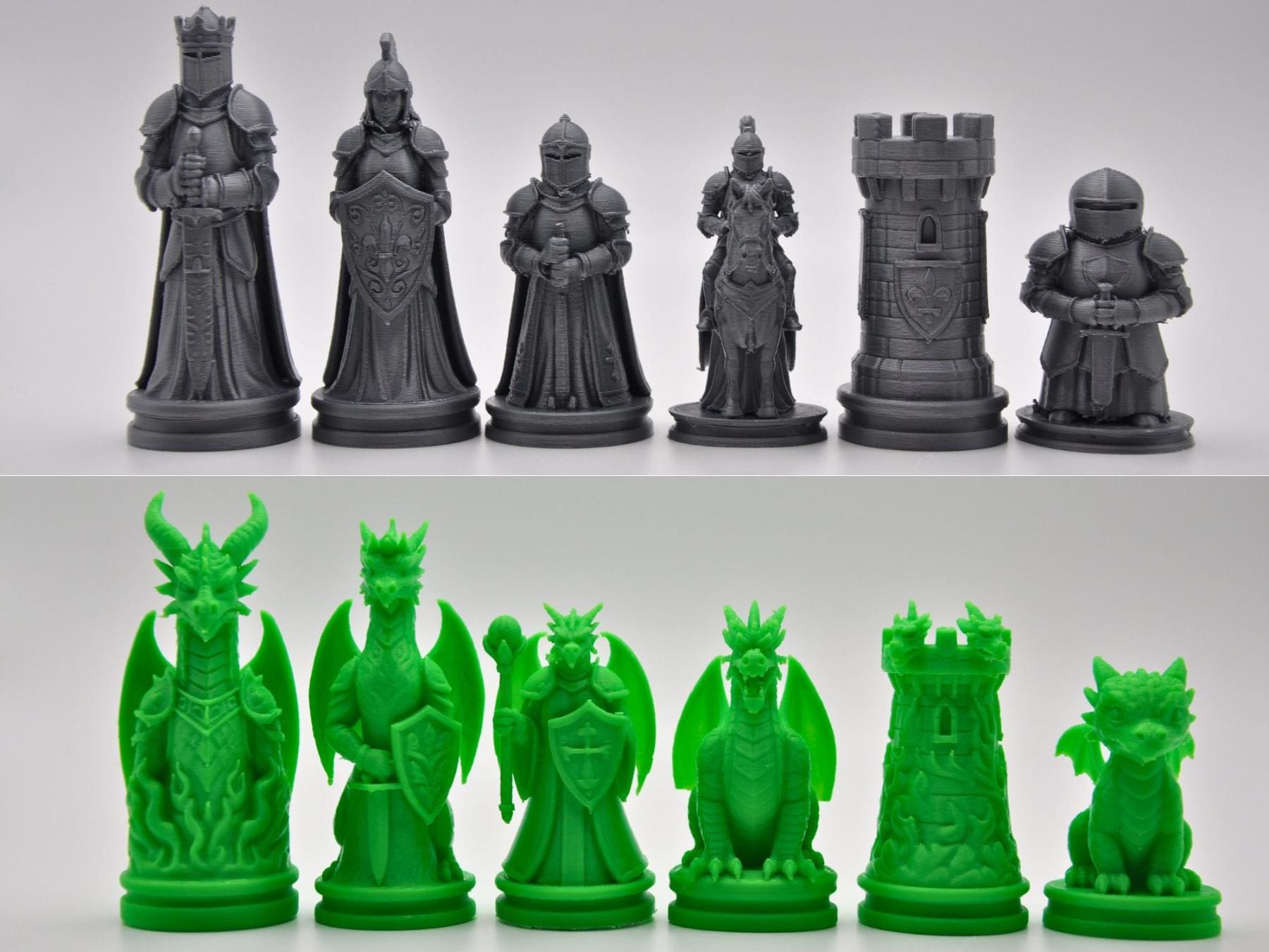 Ritter-gegen-Drachen-Schachfigurenset – komplettes 32-teiliges, 3D-gedrucktes PLA-Schachset | Geschenk für Schachfans | Made in Germany