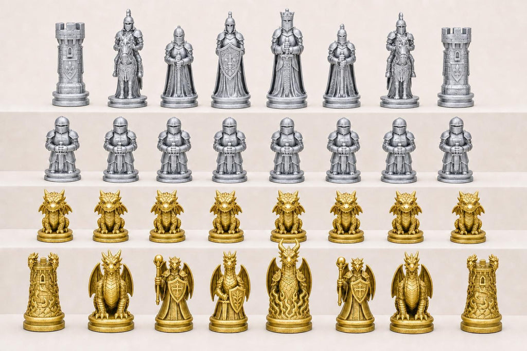 Ritter-gegen-Drachen-Schachfigurenset – komplettes 32-teiliges, 3D-gedrucktes PLA-Schachset | Geschenk für Schachfans | Made in Germany