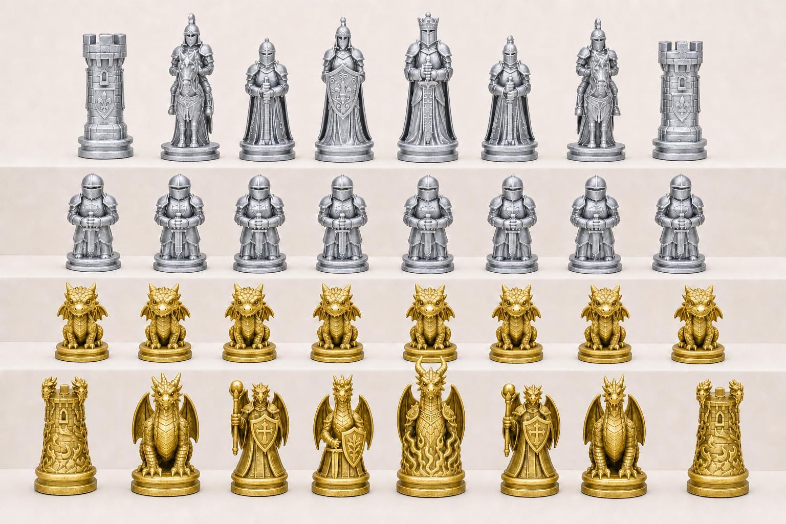 Ritter-gegen-Drachen-Schachfigurenset – komplettes 32-teiliges, 3D-gedrucktes PLA-Schachset | Geschenk für Schachfans | Made in Germany