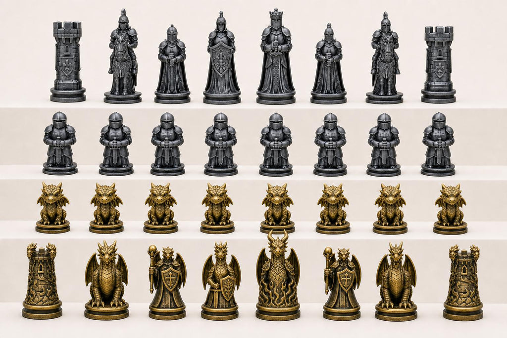 Ritter-gegen-Drachen-Schachfigurenset – komplettes 32-teiliges, 3D-gedrucktes PLA-Schachset | Geschenk für Schachfans | Made in Germany