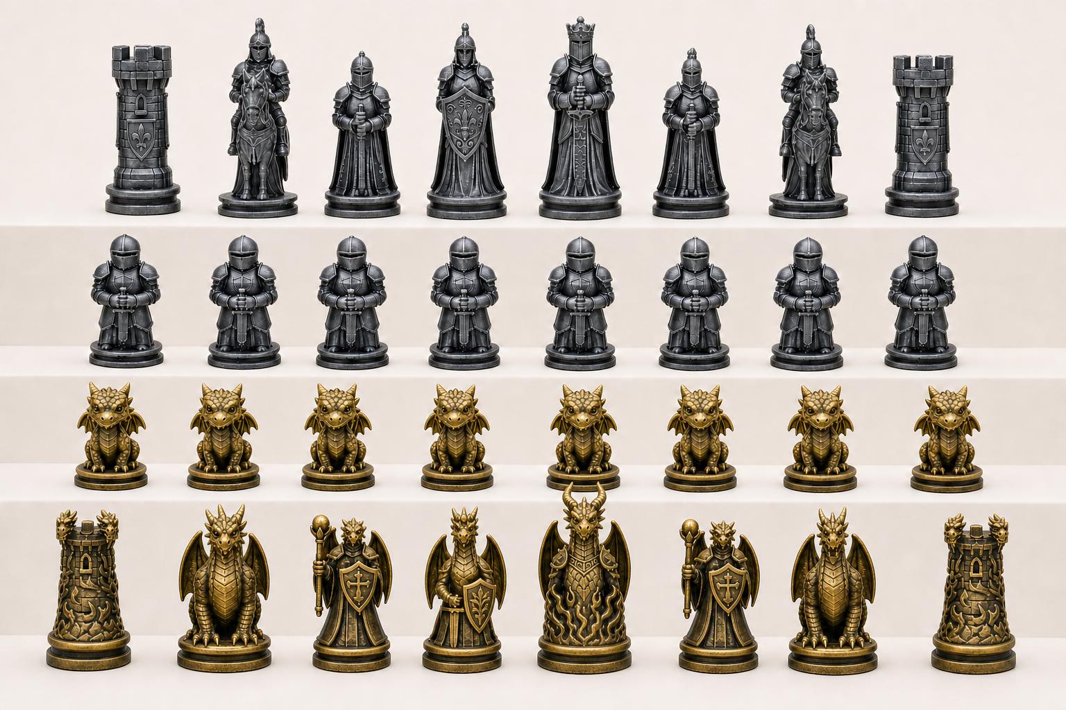 Ritter-gegen-Drachen-Schachfigurenset – komplettes 32-teiliges, 3D-gedrucktes PLA-Schachset | Geschenk für Schachfans | Made in Germany
