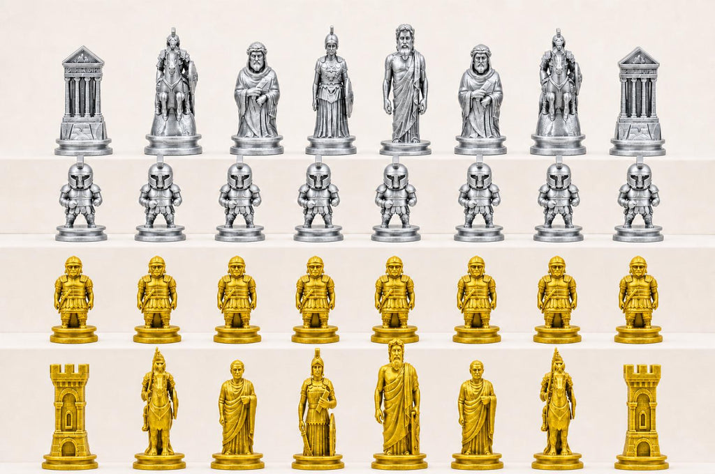 Antikes-Griechenland-gegen-antikes-Rom-Schachfigurenset – komplettes 32-teiliges, 3D-gedrucktes PLA-Schachset | Made in Germany