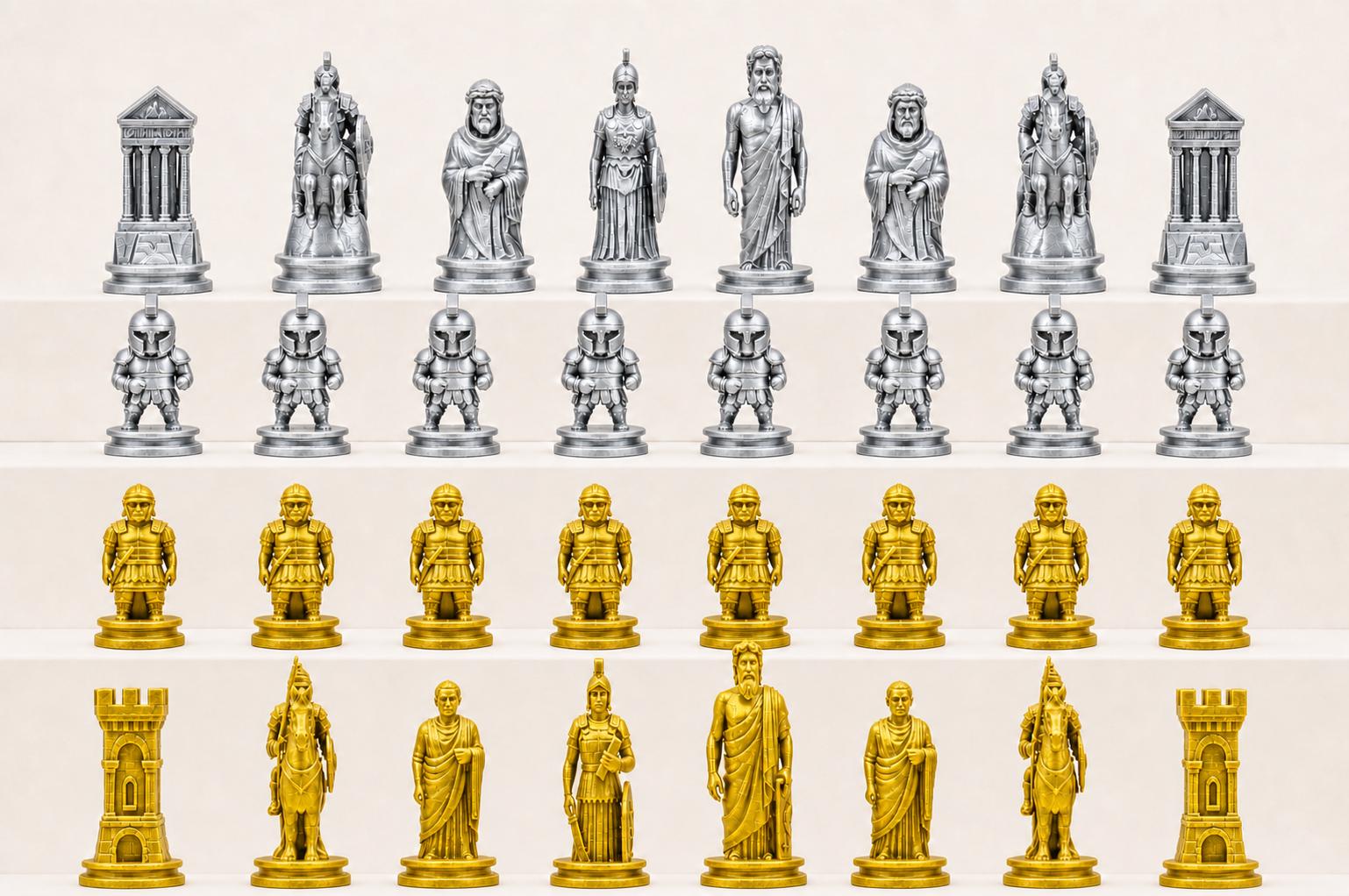 Antikes-Griechenland-gegen-antikes-Rom-Schachfigurenset – komplettes 32-teiliges, 3D-gedrucktes PLA-Schachset | Made in Germany