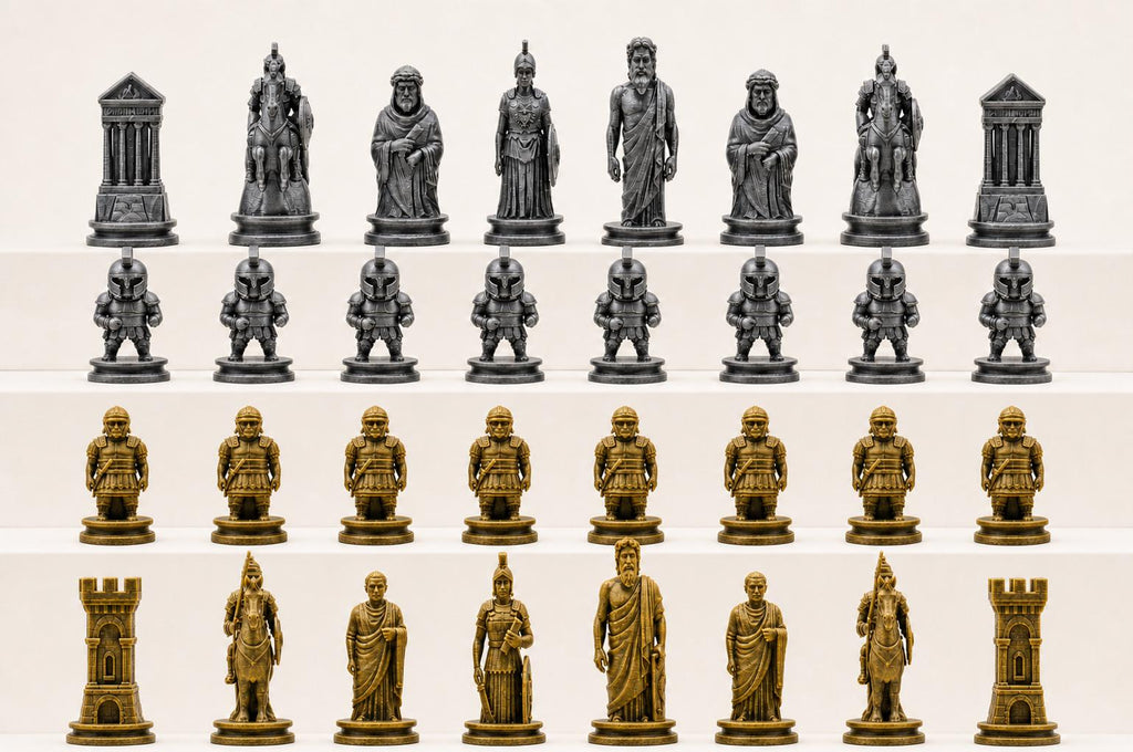 Antikes-Griechenland-gegen-antikes-Rom-Schachfigurenset – komplettes 32-teiliges, 3D-gedrucktes PLA-Schachset | Made in Germany