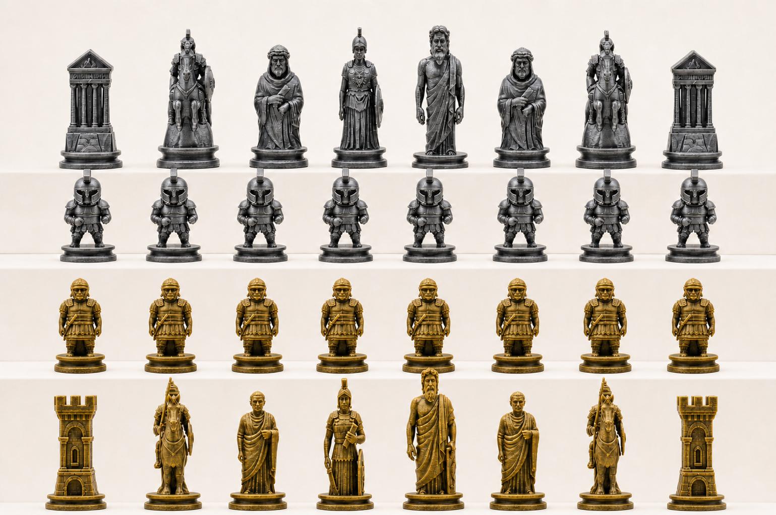 Antikes-Griechenland-gegen-antikes-Rom-Schachfigurenset – komplettes 32-teiliges, 3D-gedrucktes PLA-Schachset | Made in Germany