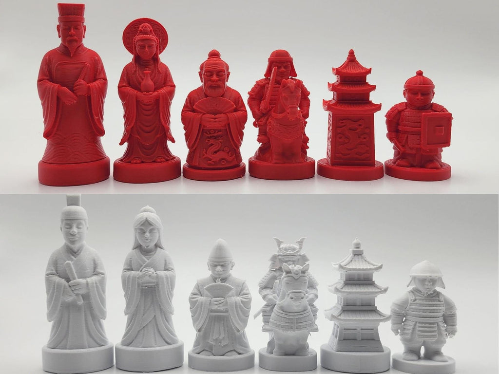 Historisches-China-gegen-historisches-Japan-Schachfigurenset – komplettes 32-teiliges, 3D-gedrucktes PLA-Schachset | Made in Germany