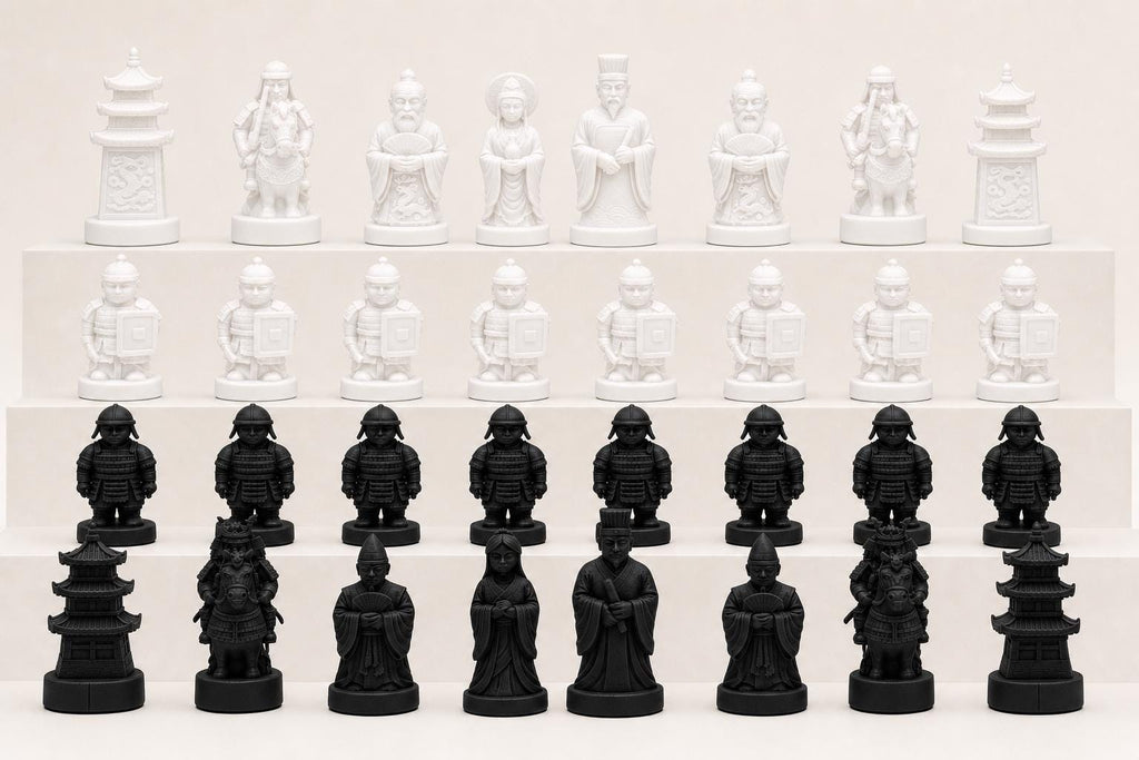 Historisches-China-gegen-historisches-Japan-Schachfigurenset – komplettes 32-teiliges, 3D-gedrucktes PLA-Schachset | Made in Germany