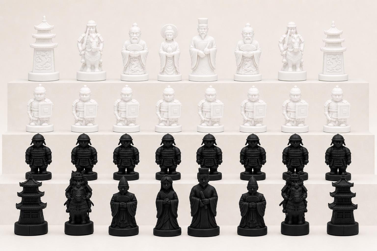 Historisches-China-gegen-historisches-Japan-Schachfigurenset – komplettes 32-teiliges, 3D-gedrucktes PLA-Schachset | Made in Germany