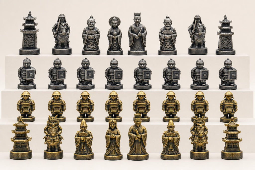 Historisches-China-gegen-historisches-Japan-Schachfigurenset – komplettes 32-teiliges, 3D-gedrucktes PLA-Schachset | Made in Germany