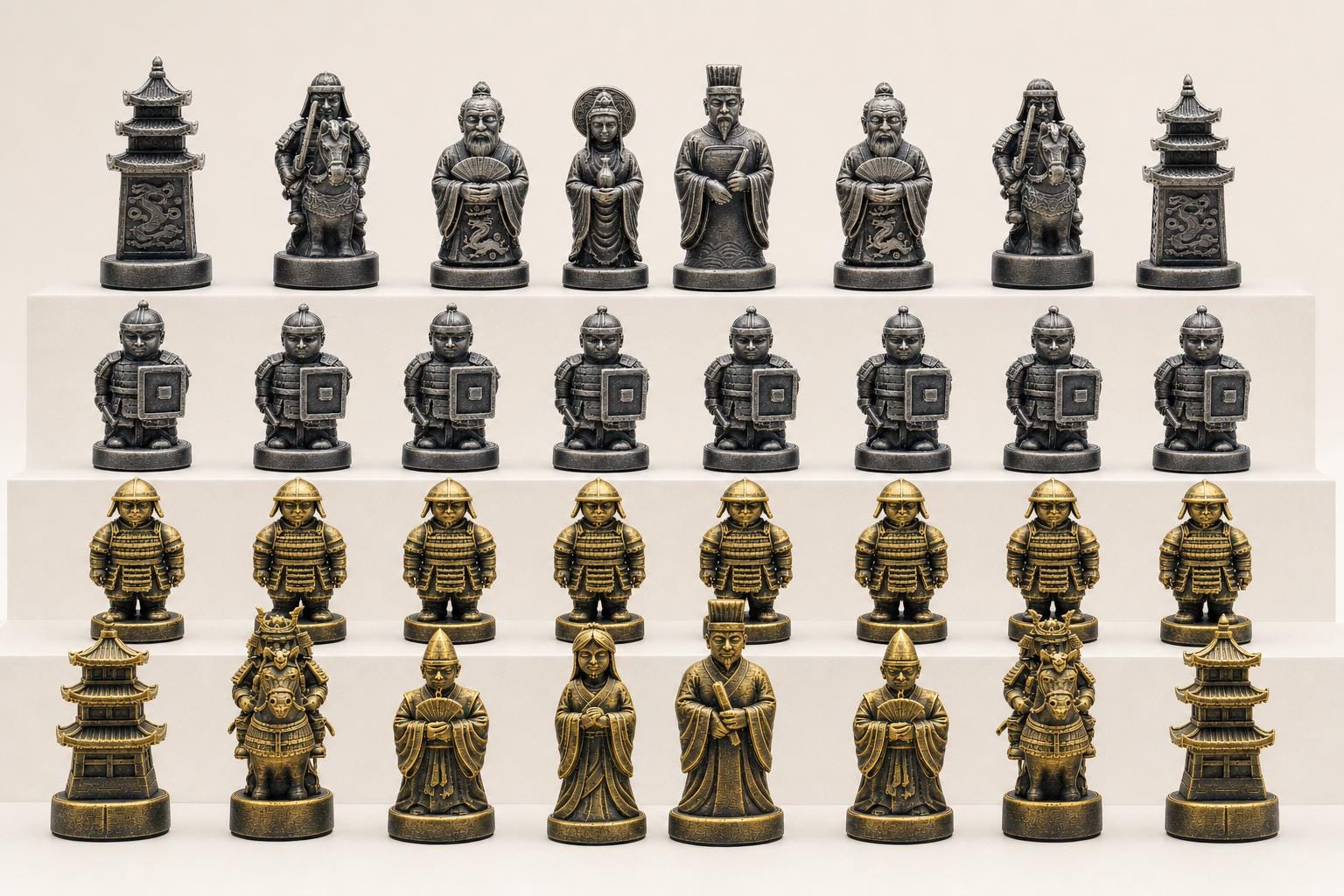 Historisches-China-gegen-historisches-Japan-Schachfigurenset – komplettes 32-teiliges, 3D-gedrucktes PLA-Schachset | Made in Germany