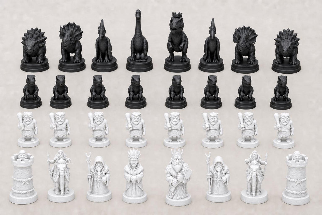 Dinosaurier-gegen-Steinzeitmenschen-Schachfigurenset – komplettes 32-teiliges, 3D-gedrucktes PLA-Schachset | Sammlerstück | Made in Germany