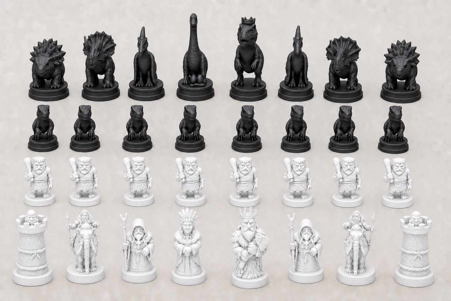 Dinosaurier-gegen-Steinzeitmenschen-Schachfigurenset – komplettes 32-teiliges, 3D-gedrucktes PLA-Schachset | Sammlerstück | Made in Germany