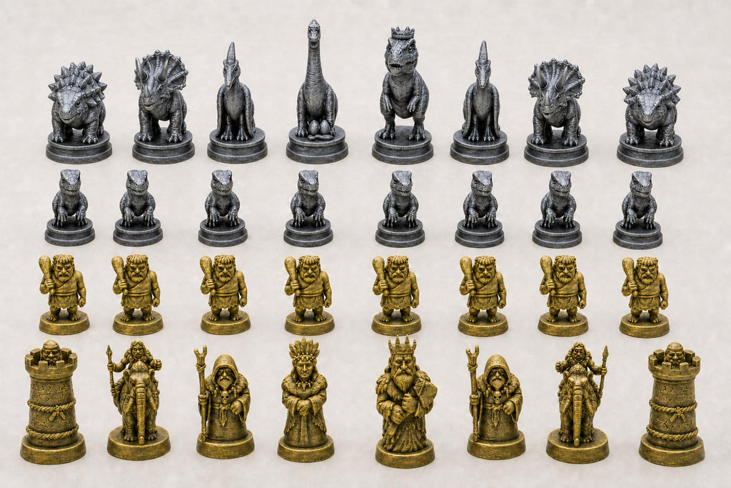Dinosaurier-gegen-Steinzeitmenschen-Schachfigurenset – komplettes 32-teiliges, 3D-gedrucktes PLA-Schachset | Sammlerstück | Made in Germany