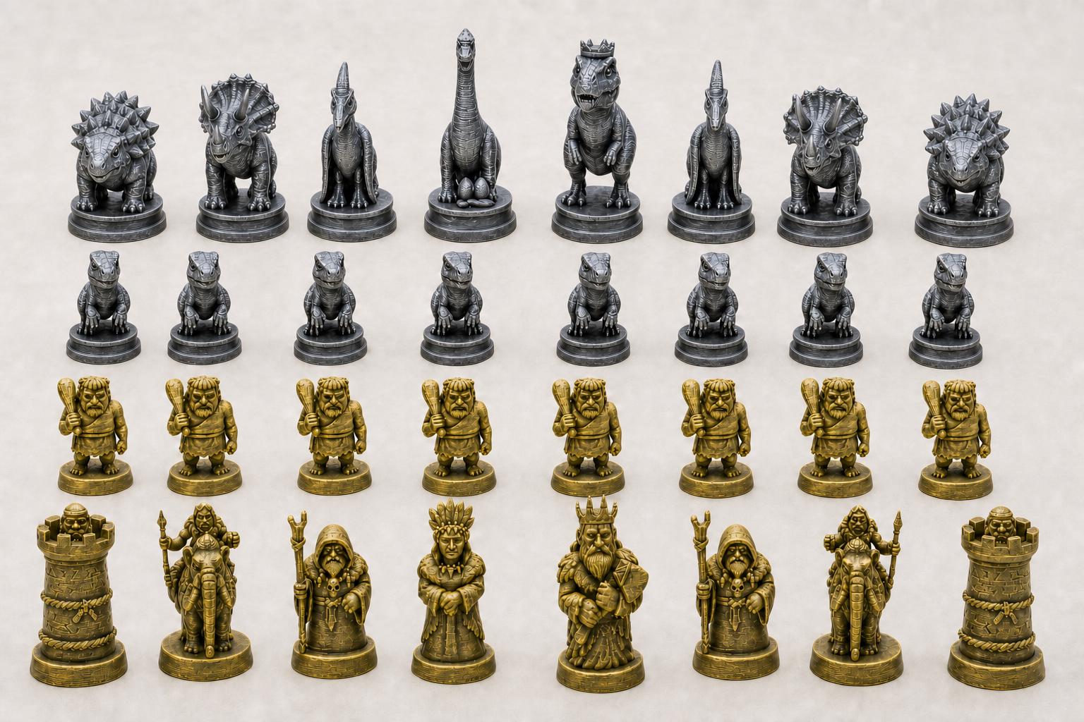 Dinosaurier-gegen-Steinzeitmenschen-Schachfigurenset – komplettes 32-teiliges, 3D-gedrucktes PLA-Schachset | Sammlerstück | Made in Germany