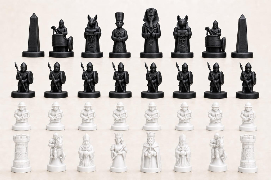 Altes-Ägypten-gegen-mittelalterliches-Europa-Schachfigurenset – komplettes 32-teiliges, 3D-gedrucktes PLA-Schachset | Made in Germany