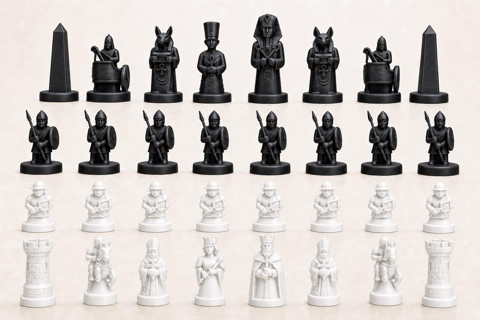 Altes-Ägypten-gegen-mittelalterliches-Europa-Schachfigurenset – komplettes 32-teiliges, 3D-gedrucktes PLA-Schachset | Made in Germany
