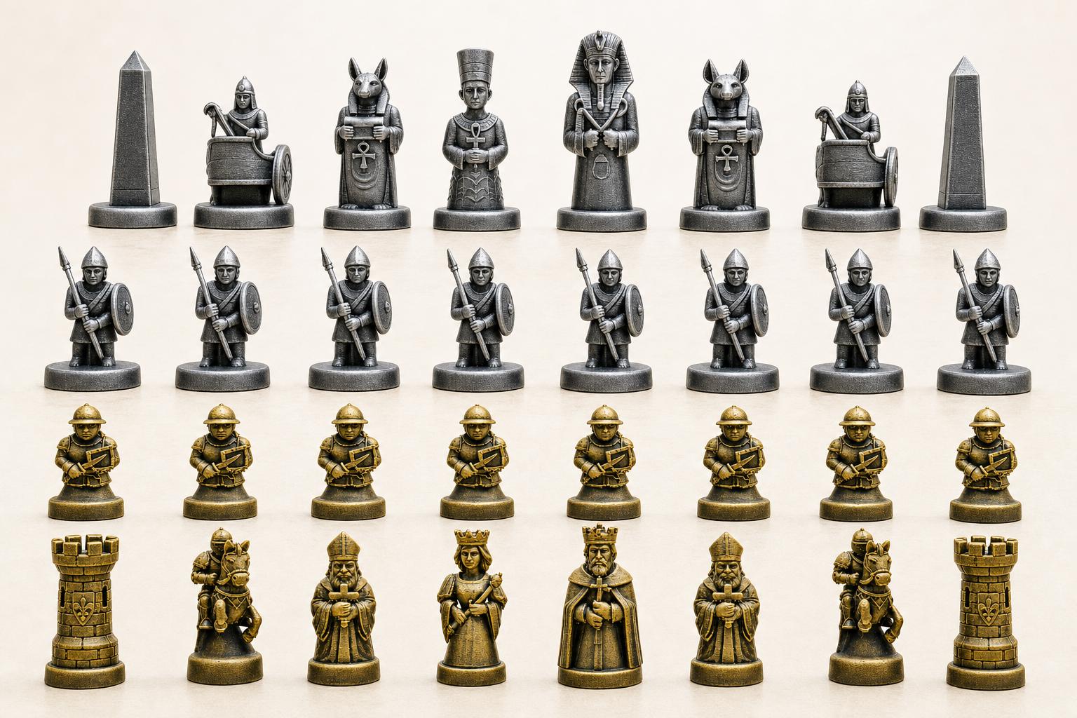 Altes-Ägypten-gegen-mittelalterliches-Europa-Schachfigurenset – komplettes 32-teiliges, 3D-gedrucktes PLA-Schachset | Made in Germany