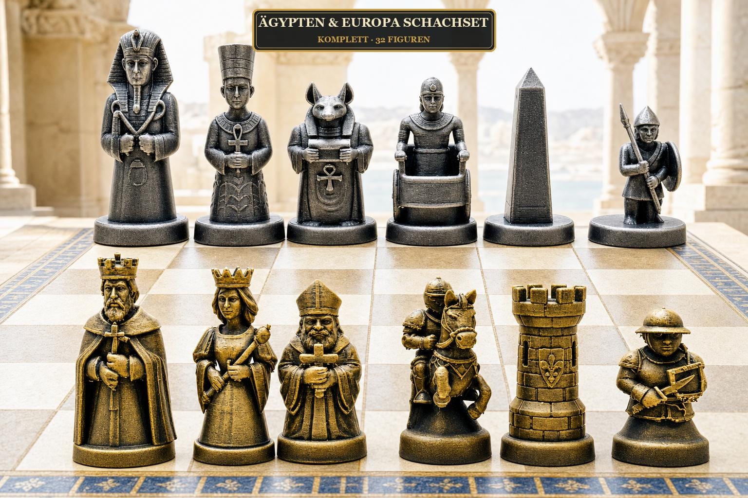 Altes-Ägypten-gegen-mittelalterliches-Europa-Schachfigurenset – komplettes 32-teiliges, 3D-gedrucktes PLA-Schachset | Made in Germany