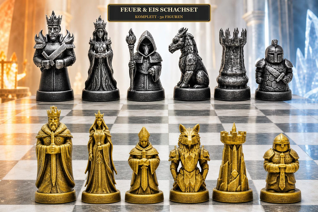 Feuer-gegen-Eis-Schachfigurenset – komplettes 32-teiliges, 3D-gedrucktes PLA-Schachset | Geschenk für Schachfans | Made in Germany