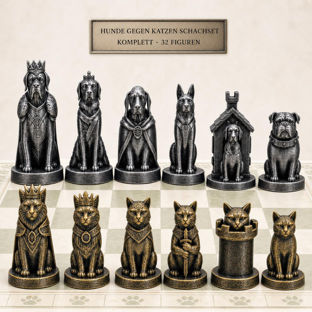 Hunde-gegen-Katzen-Schachfigurenset – komplettes 32-teiliges, 3D-gedrucktes PLA-Schachset | Geschenk für Schachfans | Made in Germany