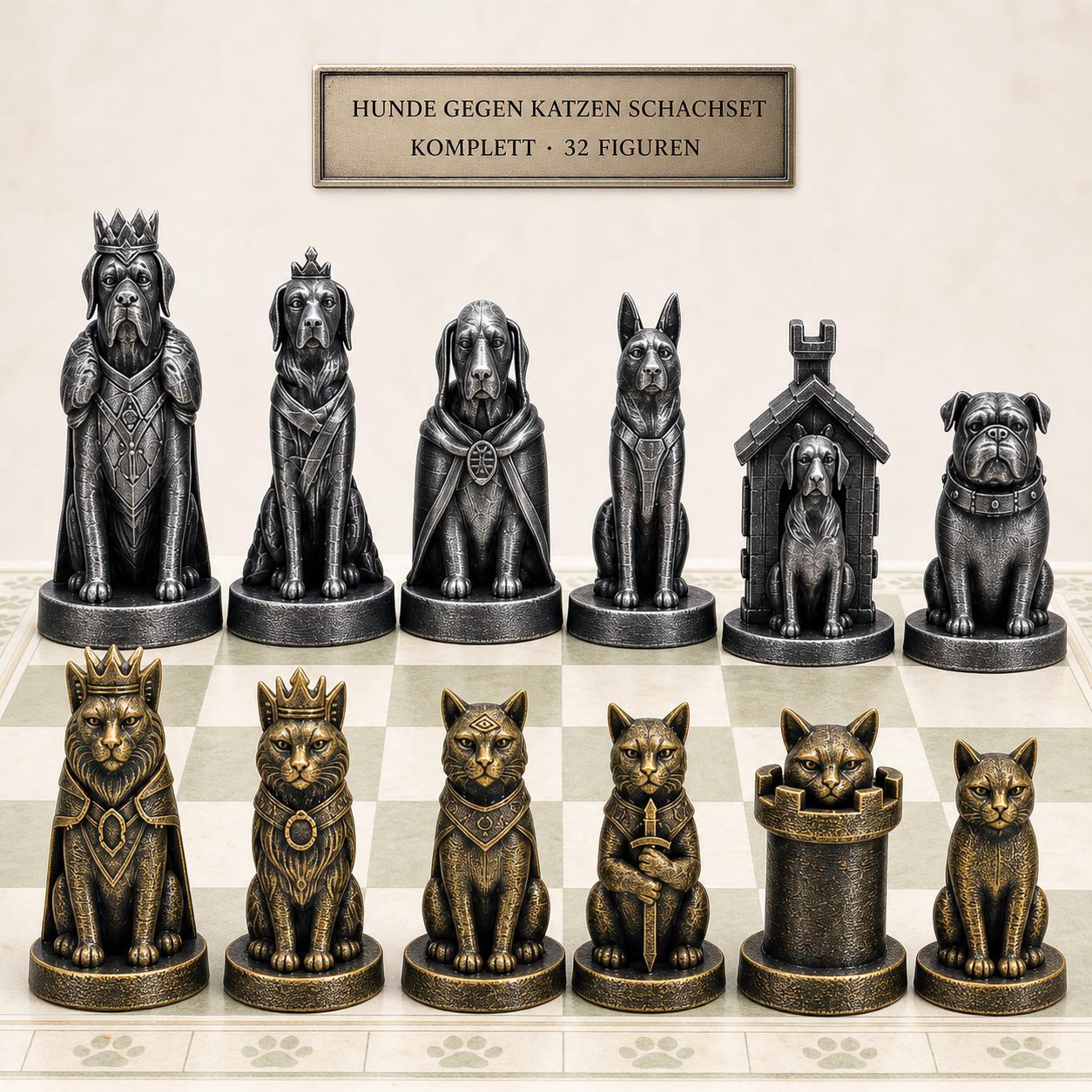 Hunde-gegen-Katzen-Schachfigurenset – komplettes 32-teiliges, 3D-gedrucktes PLA-Schachset | Geschenk für Schachfans | Made in Germany