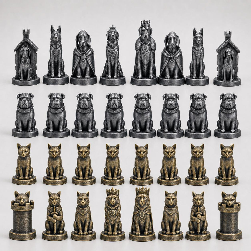 Hunde-gegen-Katzen-Schachfigurenset – komplettes 32-teiliges, 3D-gedrucktes PLA-Schachset | Geschenk für Schachfans | Made in Germany