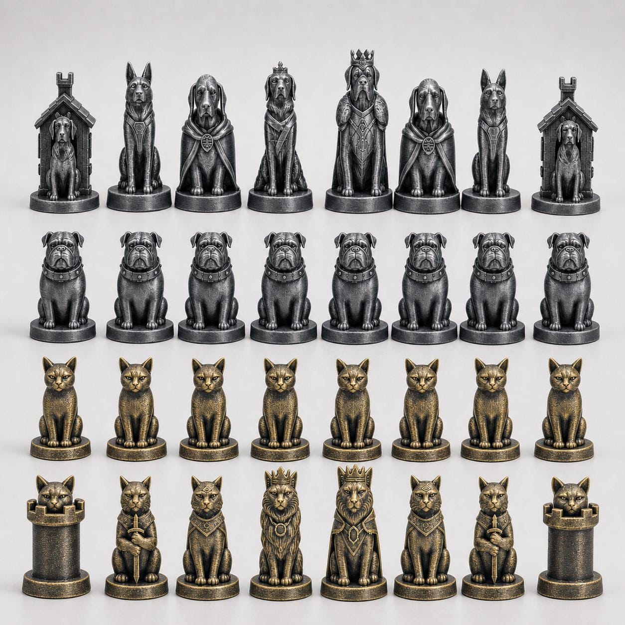 Hunde-gegen-Katzen-Schachfigurenset – komplettes 32-teiliges, 3D-gedrucktes PLA-Schachset | Geschenk für Schachfans | Made in Germany