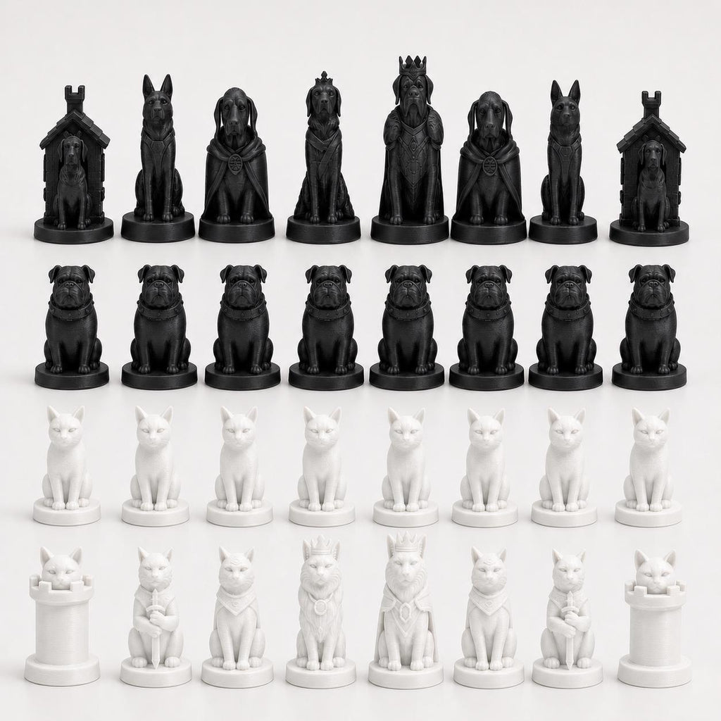 Hunde-gegen-Katzen-Schachfigurenset – komplettes 32-teiliges, 3D-gedrucktes PLA-Schachset | Geschenk für Schachfans | Made in Germany