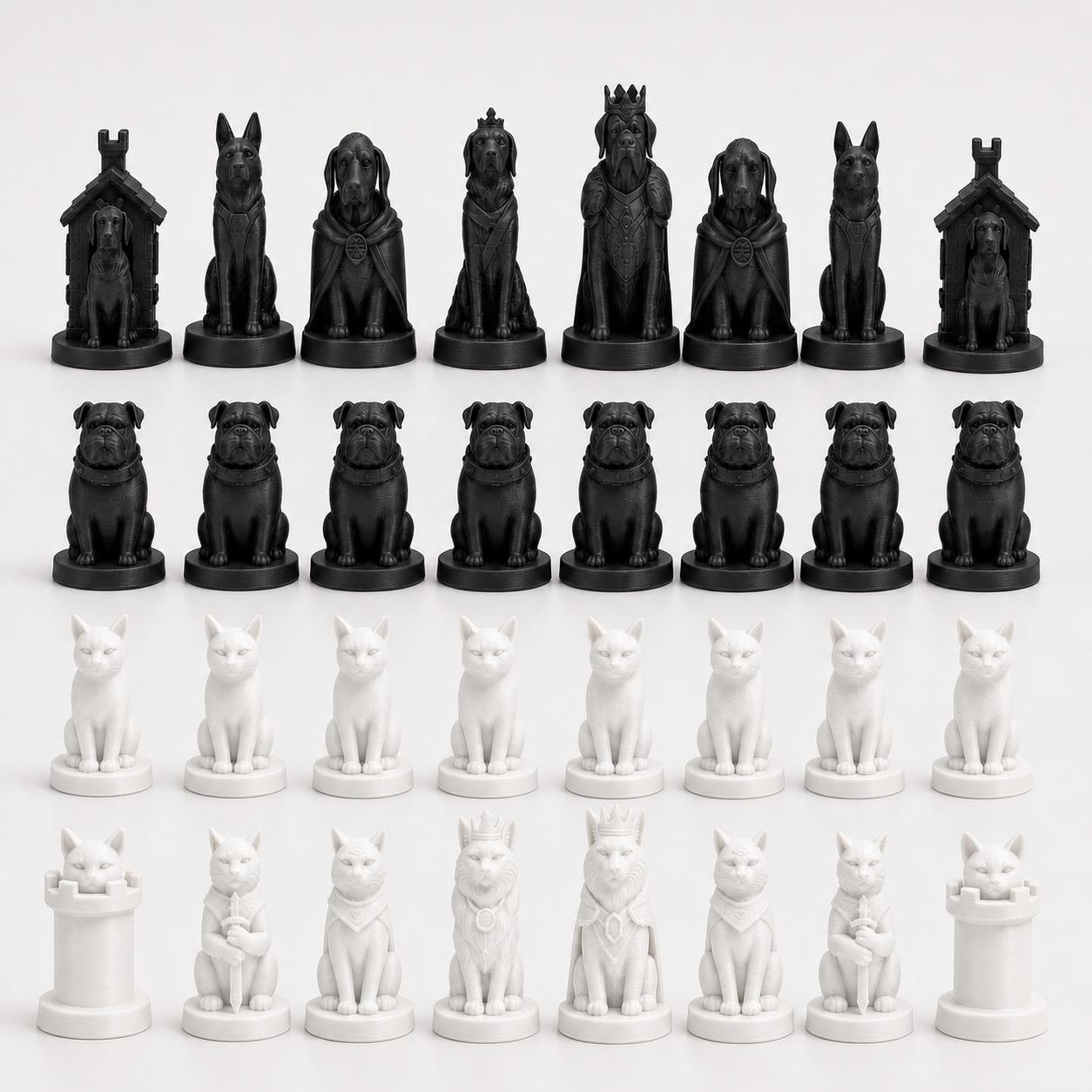 Hunde-gegen-Katzen-Schachfigurenset – komplettes 32-teiliges, 3D-gedrucktes PLA-Schachset | Geschenk für Schachfans | Made in Germany
