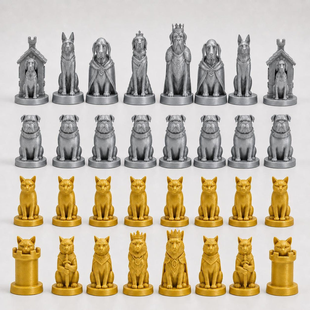 Hunde-gegen-Katzen-Schachfigurenset – komplettes 32-teiliges, 3D-gedrucktes PLA-Schachset | Geschenk für Schachfans | Made in Germany
