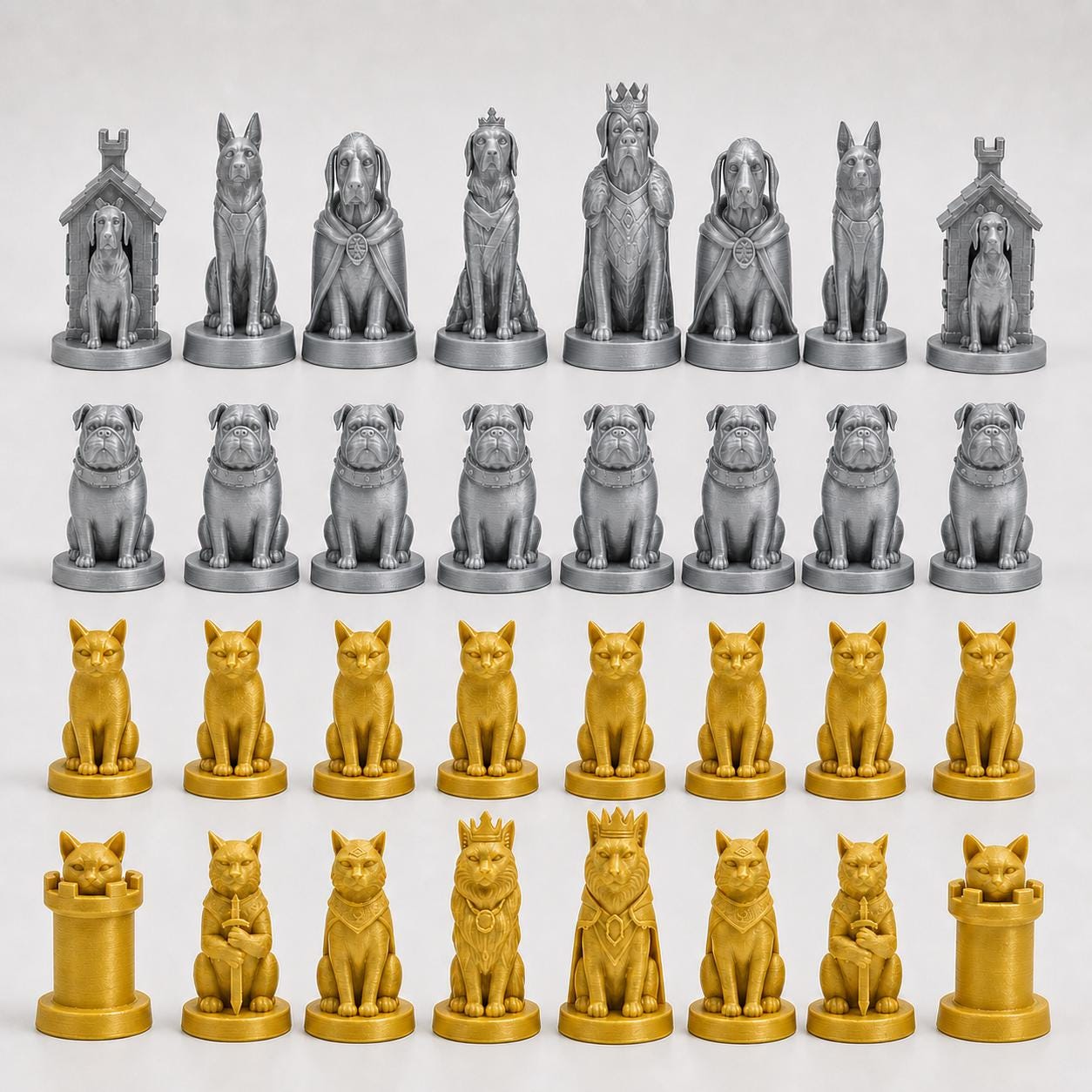 Hunde-gegen-Katzen-Schachfigurenset – komplettes 32-teiliges, 3D-gedrucktes PLA-Schachset | Geschenk für Schachfans | Made in Germany