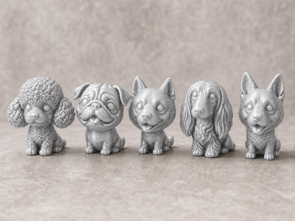 Wackelkopf-Hunde-Set – alle 5 Hundefiguren | 5 Größen & 7 Farben | 3D-Druck Made in Germany FehnFactory