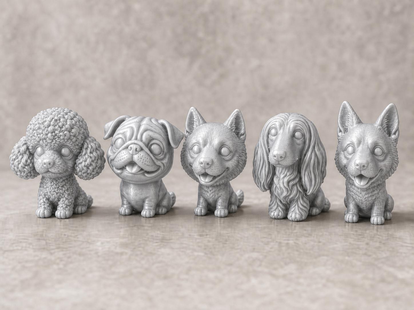 Wackelkopf-Hunde-Set – alle 5 Hundefiguren | 5 Größen & 7 Farben | 3D-Druck Made in Germany FehnFactory