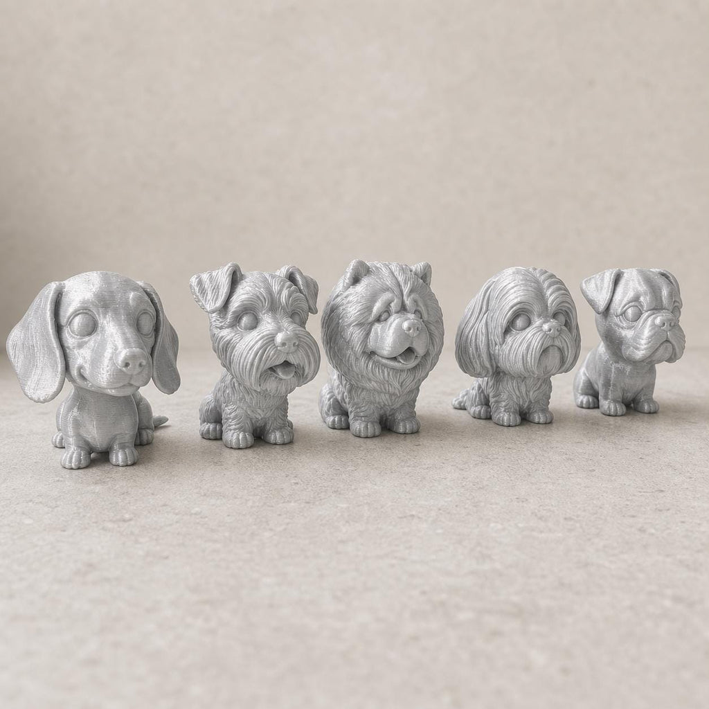 Wackelkopf-Hunde-Set – Dackel, Schnauzer, Chow-Chow, Shih Tzu & Mops | 5 Größen, 7 Farben, 3D-Druck FehnFactory