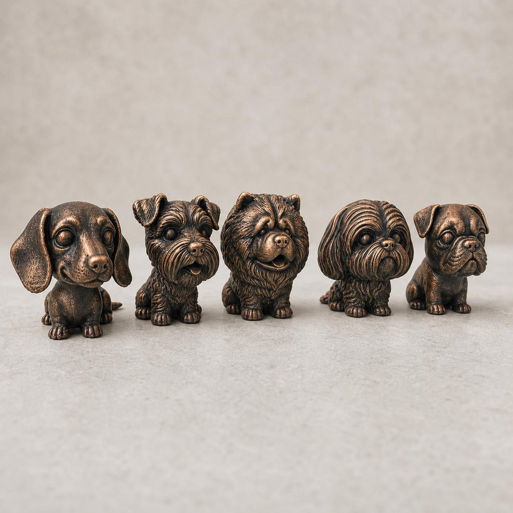 Wackelkopf-Hunde-Set – Dackel, Schnauzer, Chow-Chow, Shih Tzu & Mops | 5 Größen, 7 Farben, 3D-Druck FehnFactory