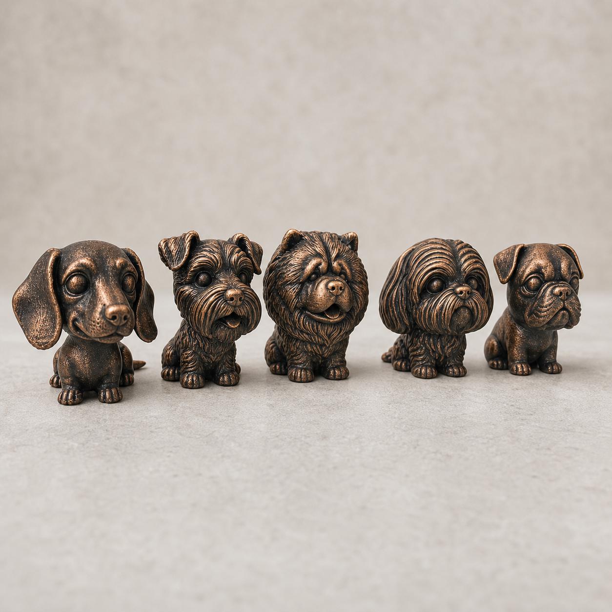 Wackelkopf-Hunde-Set – Dackel, Schnauzer, Chow-Chow, Shih Tzu & Mops | 5 Größen, 7 Farben, 3D-Druck FehnFactory