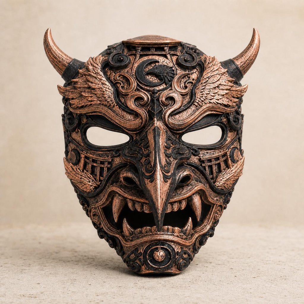Japanische Oni-Dämonenmaske mit Torii-Detail – tragbare Cosplay-Maske | 5 Größen & 7 Farben | Made in Germany FehnFactory