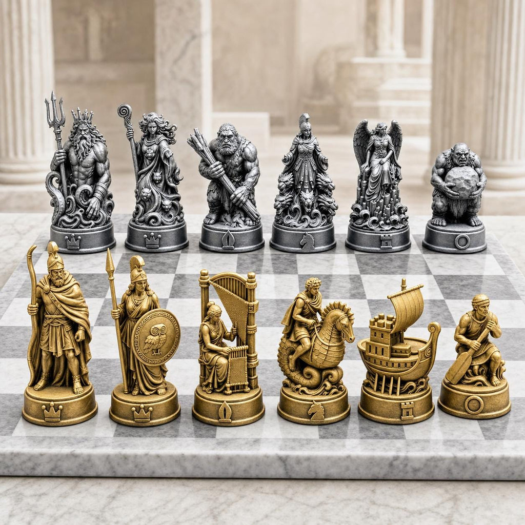 Odyssee-Schachfigurenset – komplettes 32-teiliges Mythologie-Schachset | Griechische Helden & Monster | 3D-Druck Made in Germany FehnFactory